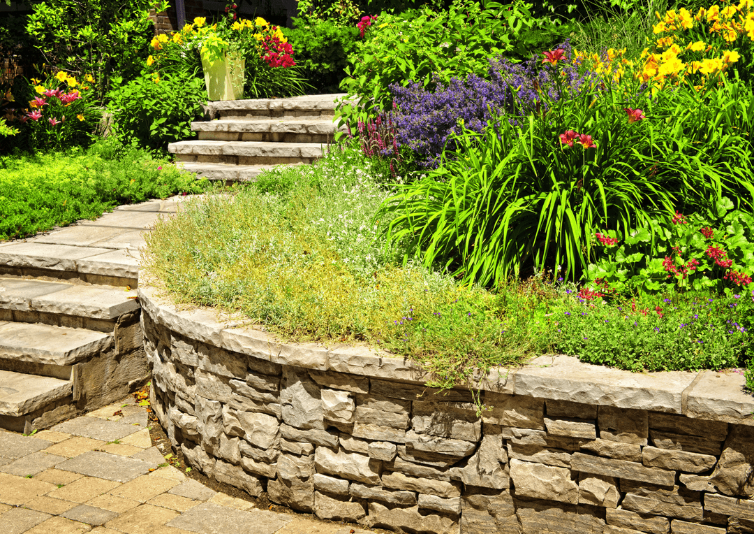 a photo of a paved stone walkway leading up to a nice garden surrounded by stone interlocking